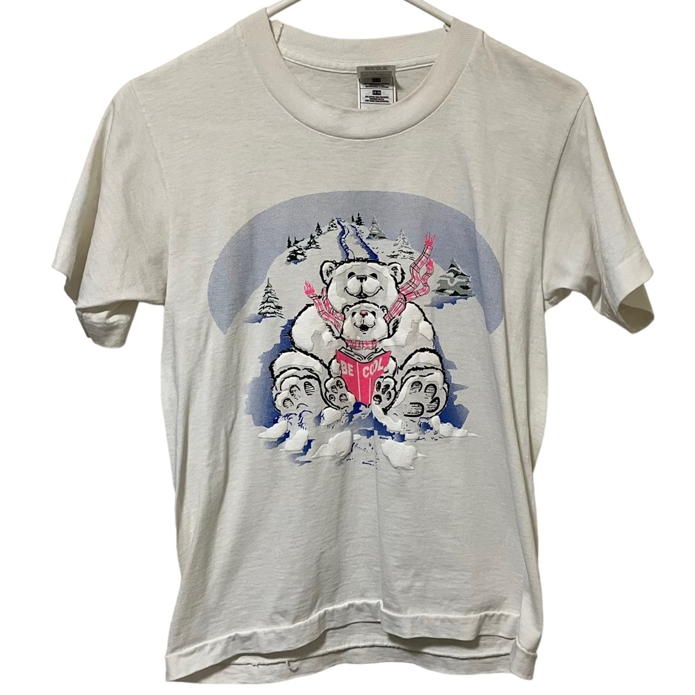Vintage Polar Bears Be Cool Reading Sledding Snow Embossed Single Stitch Tee